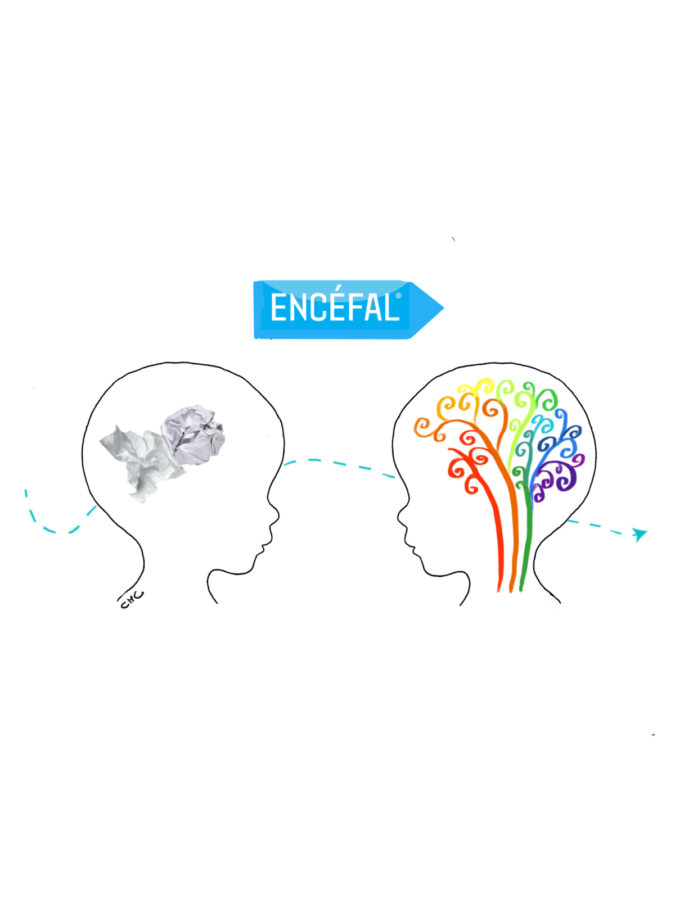 illustration d'Encéfal qui transforme un cerveau triste en un cerveau pleins de connections et de couleurs